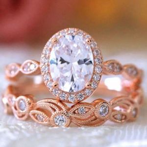 Women's 2 CT Oval CZ Diamond Wedding Engagement Rose Gold Ring Bridal Set